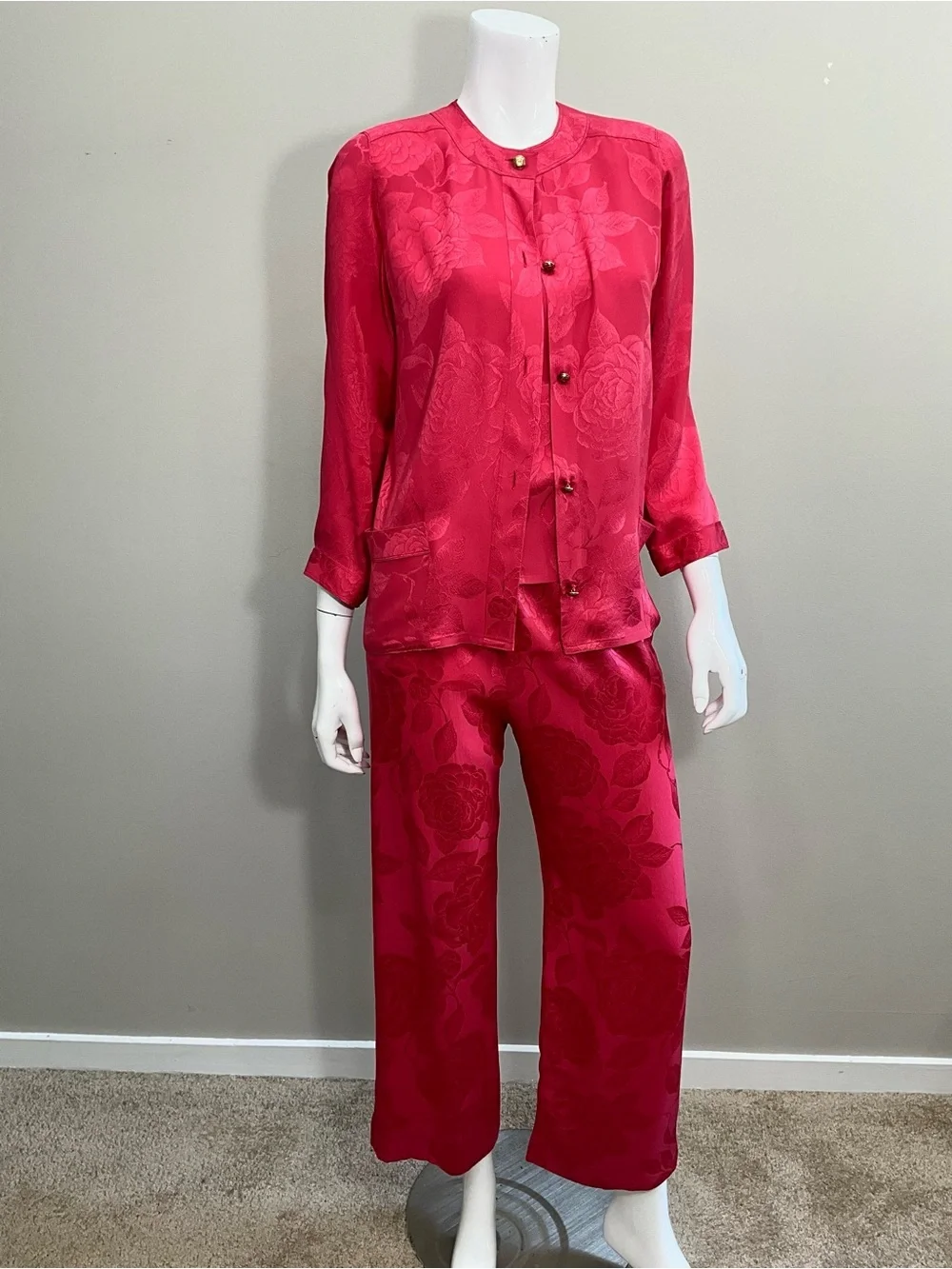 CHANEL Vintage 3 Pc Red Silk Floral Jacquard Pantsuit Set Jacket Top Pants XS/S
